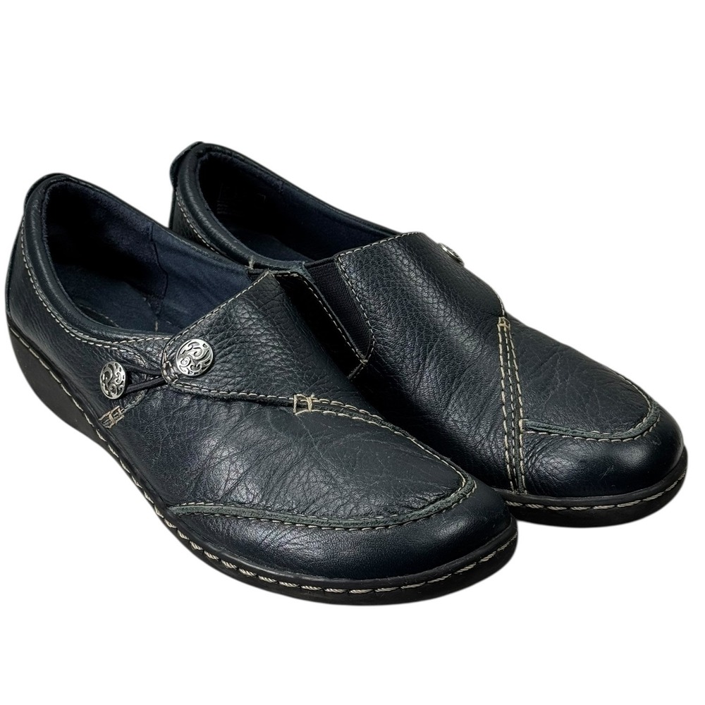 Clarks Collection Shoes Loafers Women 9N Navy Leather Slip-On Comfort‎ Casual